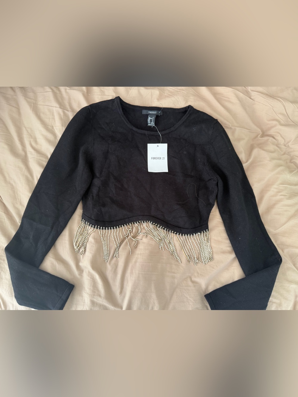 Forever 21 Black Cropped Crewneck Sweater with Beaded Fringe
